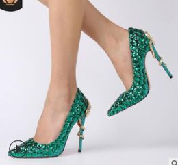 2019 glitter kadınlar bling bling yüksek topuklu parti ayakkabı nokta toe pompaları yeşil kristal elmas gelinlik ayakkabı Külkedisi