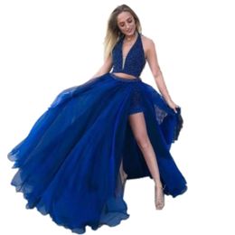 Deep Blue Two Pieces Prom Dresses V Neck Halter Satin Elegant Formal Evening Dresses Tulle Side Split Floor Length Cocktail Party Gowns