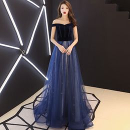 Navy Blue Prom Dress Off the Shoulder Lace-up Back Sweep Train Velvet with Tulle Long Evening Dress