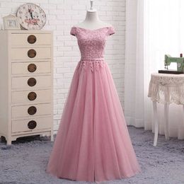 Off the Shoulder Tulle Long Bridesmaid Dresses with Lace Wedding Party Dress Blush Pink Sky Blue Champagne270S
