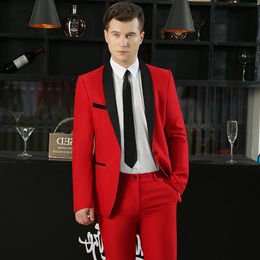 Fashionable Groom Tuxedos Groomsmen One Button Red Shawl Lapel Best Man Suit Wedding Mens Blazer Suits (Jacket +Pants)