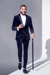 New Popular Two Buttons Dark Blue Velvet Groom Tuxedos Notch Lapel Slim Fit Groomsmen Wedding Men Party Suits (Jacket+Pants+Tie) 037