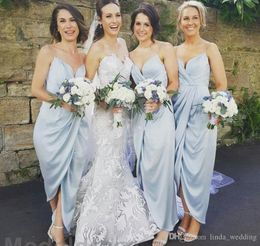 2019 Cheap Sky Blue Bridesmaid Dress Spaghetti Straps Split Long Garden Formal Wedding Party Guest Maid of Honor Gown Plus Size Custom Made