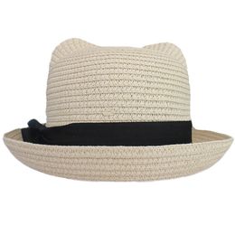 Women's Girl's Vintage Cat Ear Bowler Straw Hat Sun Summer Beach Roll-up Bowknot Cap
