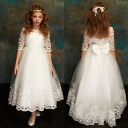 New Arrival High Low Lace Flower Girl Dresses For Wedding Bateau Neck Half Sleeves Pageant Gowns Tulle First Communion Dress