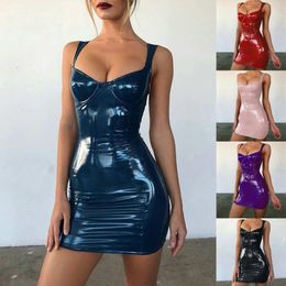 Womens Sexy Backless Club Party Short Dress Solid Black Wet Look Latex Bodycon Faux Leather Push Up Bra Mini Micro Dress Leotard