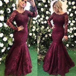 Burgundy Elegant Evening Formal Dresses 2019 Pearls Lace Bateau Illusion Long Sleeve Groom Mother Of The Bride Dress Formal Party Lace Dress