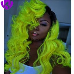 Ombre Neongrün/gelbe synthetische Spitze vordere Perücken mit Baby Haar vorgezogener Körperwelle Wellen brasilianischer Brasilianer voller Schnürfroren für schwarze Frauen