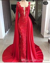 Neck Red Sheer Mermaid Prom Dresses With Watteau Train Lace Formal Long Women Evening Party Gowns Custom Made Vestidos De Soiree Plus Size