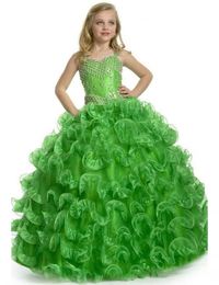 Spring 2020 Girls Pageant Dresses Beaded Bodice Ruffles Ball Gown Skirt Bright Green Organza Little Girls Prom Dresses