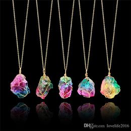 -NEUE Unregelmäßige Naturstein Halskette Regenbogen Farbe Turuoise Kristall Halsketten Achat Scheibe Anhänger Vergoldet Kette Modeschmuck A127