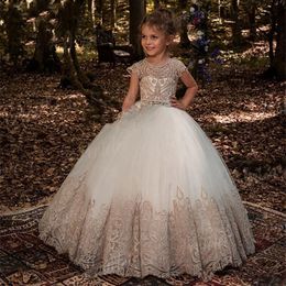 Flower Girl Dresses Beaded Belt Ball Gown Lace Applique Floor Length Princess Elegant Wedding Pageant Holy Communion Dresse