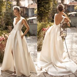 2020 Lihi Hod A Line Beach Wedding Dresses Short Sleeve V Neck Bridal Gowns Thigh High Slits Taffeta Backless Wedding Dress