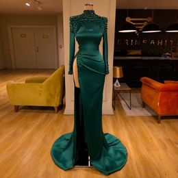 Stylish Hunter Beaded Mermaid Evening Dresses High Neck Long Sleeves Prom Gowns Plus Size Satin Side Split Formal Dress 407