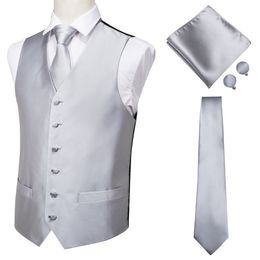 silver handkerchief UK - MJ-0001 Hi-Tie Men Vest Silk Waistcoat Vest High Quality Handkerchief Cufflinks Tie Vests Set Silver Grey Solid Vests for Mens CX200623