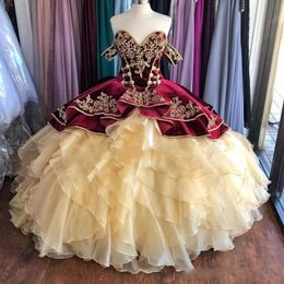 velvet prom ball gown Canada - 2021 Burgundy Champagne Velvet Embroidery Quinceanera Dresses Long Ball Gowns Ruffle Off The Shoulder Corset Back Princess Prom Sweet 16