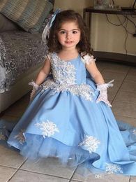 Girls Pageant Dresses With Sheer Neck Floor Length Satin Custom Made girls Pageant Wears with Hand Flower