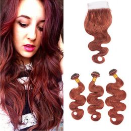 #33 Dark Auburn Body Wave Human Hair 3Bundles with Closure Copper Red Peruvian Hair with Closure Reddish Brown Lace Closure 4x4 with Weaves