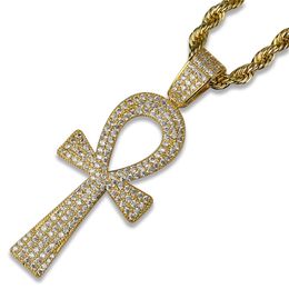 New Ankh Cross Key Necklace Pendant Iced Out Full Zircon Gold Silver Plated Mens Hip Hop Jewellery