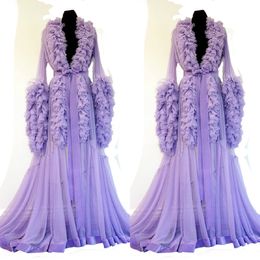 hot sell purple wedding robes vneck long sleeves ruffle bow bathrobe formal sleepwear sweep train custom made night gowns for women
