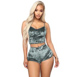 Women Velvet 2 Piece Set Outfit Spaghetti Strap Sleeveless Sexy Crop Top with Shorts Set Short Tracksuit Pants Suit