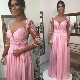 Abendkleider Pink Prom Dresses Arabic Long Evening Dress With Lace Appliques Sheer Neck Elegant Long Formal Party Gowns Zipper Back