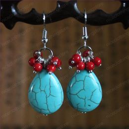 Wholesale Silver Plated Layer Water Drop Green Turquoise Stone Dangle Earrings for Women Charm Jewellery