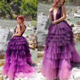 2020 Elegant Evening Dresses V Neck Lace Tulle Tiered Prom Gowns Custom Made Backless Floor Length A Line Special Occasion Dress