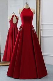 Real Image High Halter Red Prom Dresses 2019 With Pockets Beaded Crystal Ruched Satin Vestido De Novia Formal Dress Women Party Evening Gown