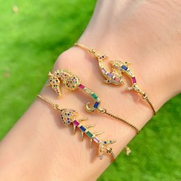 18K Yellow Gold Plated Colorful CZ Fish Seahorse Dolphin Bracelet for Girls Women Nice Gift for Friend