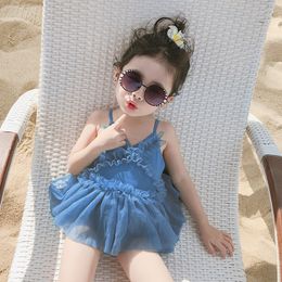 INS Baby Girls Princess Swimwear Summer Lace Ruffle Tulle Kids One Piece Swimsuit Fashion Spaghetti Strap bathing suit C6286