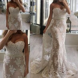 Elegant Mermaid Wedding Dresses Lace Long Beadings Crystals Sweetheart Sashes Floor Length Satin Plus Size Wedding Dress Bridal Gowns Sexy