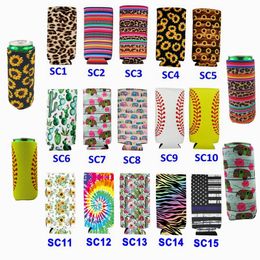 Neoprene Slim Can Sleeve For 330ml Slim Beer Can Holder Leopard Baseball Pattern Beer Soda Water Cans Cover