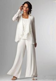 Elegant White Chiffon Lady Mother Pants Suits Mother of The Bride Groom mother bride pant suits With Jacket Women Party Dresses trouser suit