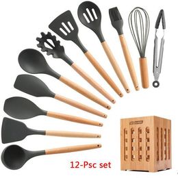 11/12PCS Silicone Kitchen Set Nonstick Spatula Wooden Handle Cooking Utensils Sets Kitchen Tools kit Accessories with Holder Box