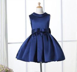 Elegant Flower Girl Dresses Dark Navy Knee Length Crew Sleeveless Custom Kids Formal Wear Satin Dress