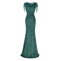 Vintage 2020 Luxury Long Sleeve Sequins Green Mermaid Prom Dresses Sexy Sheer Jewel Neck tassel Evening Wear Beads Celebrity Prom Gowns