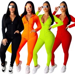 Yellow Sexy Skinny Two Piece Set Women Autumn Winter Long Sleeves Hooded Zipper Top And Full Length Pant Solid Casual Tracksuits
