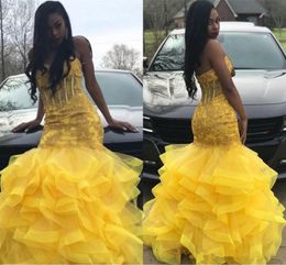 Yellow 2019 Mermaid Prom Dresses Sweetheart Lace Appliques Ruffes Tiered Skirts Black Girls Homecoming Dress Evening Gowns Abendkleider