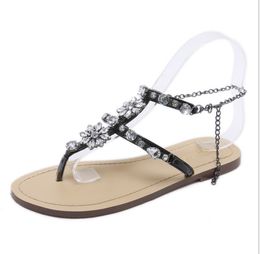 Hot Sale-5 Colour Summer Hot style beach wear large size aqua diamond chain with flat Roman clips shiny Flat sandals