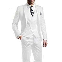 Hot Sale One Button White Groom Tuxedos Peak Lapel Men Wedding Party Groomsmen 3 pieces Suits (Jacket+Pants+Vest+Tie) K261