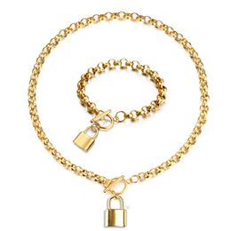 New Fashion Punk Bone Chain Lock Pendant Necklace Bracelet Stainless Steel Padlock Toggle Jewellery Sets For Women Men Birthday Gift