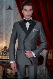 Grey Groom Tuxedos Double-Breasted Men Wedding Tuxedos Black Peak Lapel Jacket Blazer Fashion Men Dinner/Darty Suit(Jacket+Pants+Tie) 1280