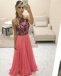 Country Water Melon Cheap Evening Dresses Beaded Halter Prom Dresses Chiffon Sexy Formal Party Second Reception Gowns Q60