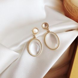 Fashion-White Moonlight Cat's Eye Stone Earrings French High Sense Small Fresh Eardrop Simple Temperament Female Jewellery