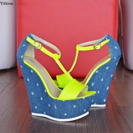Rontic New Women Platform T-strap Sandals Sexy Wedges High Heels Shoes Open Toe Yellow Casual Shoes Women US Plus Size 5-15