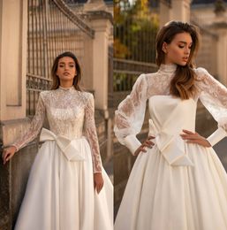 Modest A Line Millanova Wedding Dresses Long Sleeve High Neck Tulle Satin Sequins Pearls Wedding Gowns Floor Length robe de mariée