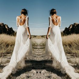 Sexy Backless Beach Bridal Dress 2019 Summer Light lace Wedding Gowns Long Sleeves Sweep Train Mermaid Cheap Wedding Dress