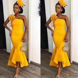 Chic Yellow African Mermaid Cocktail Party Dresses One Shoulder Bodycorn Formal Occasion Gowns Ankle Length Abiye Party Gowns