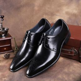 Black / Deep Brown Pointed Toe Business Shoes Mens Dress Shoes Genuine Leather Oxfords Boys Prom Shoes